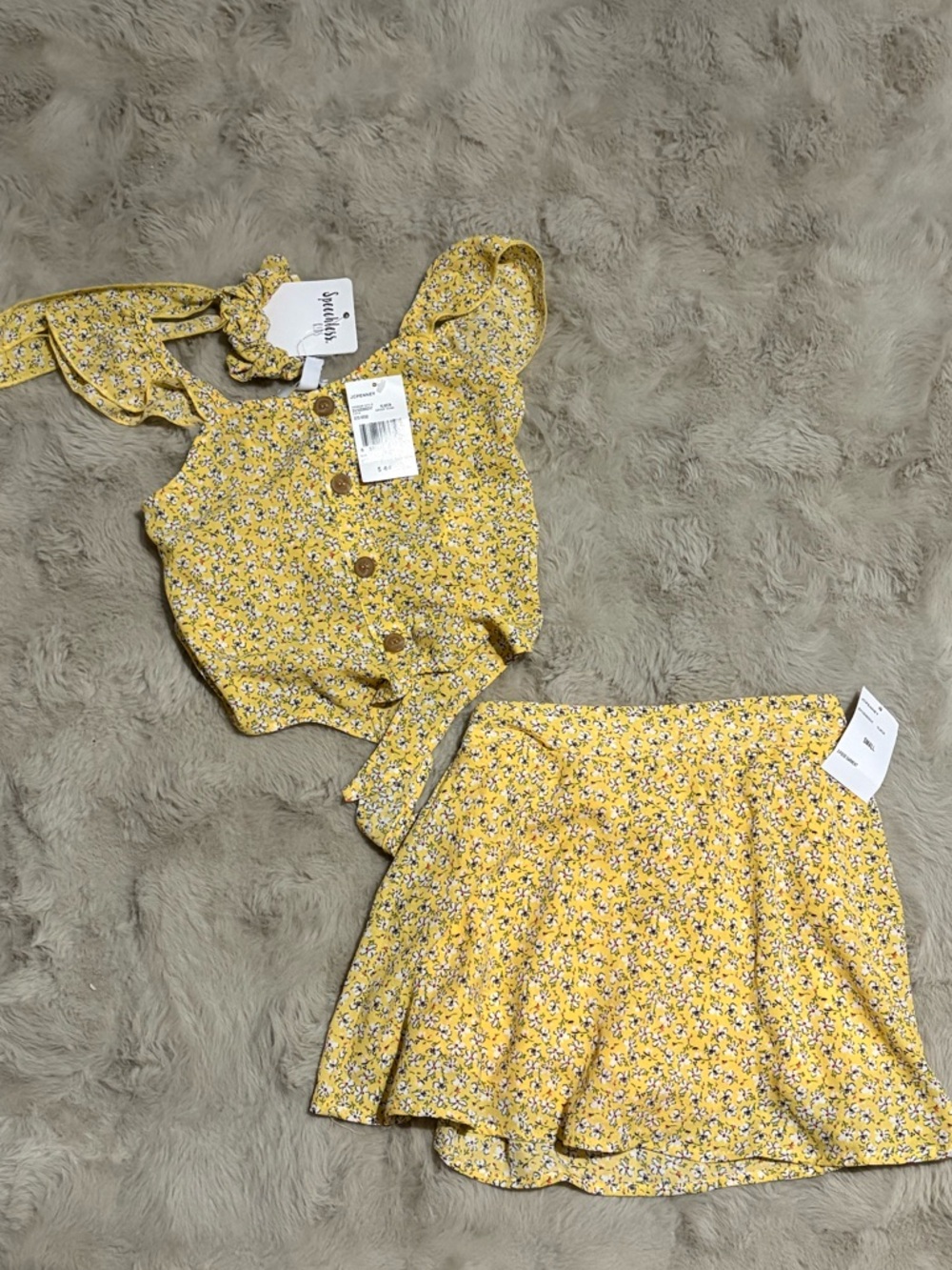 Speechless Yellow Floral Tie-Front Crop Top & Skirt Set w/ Matching Scrunchie